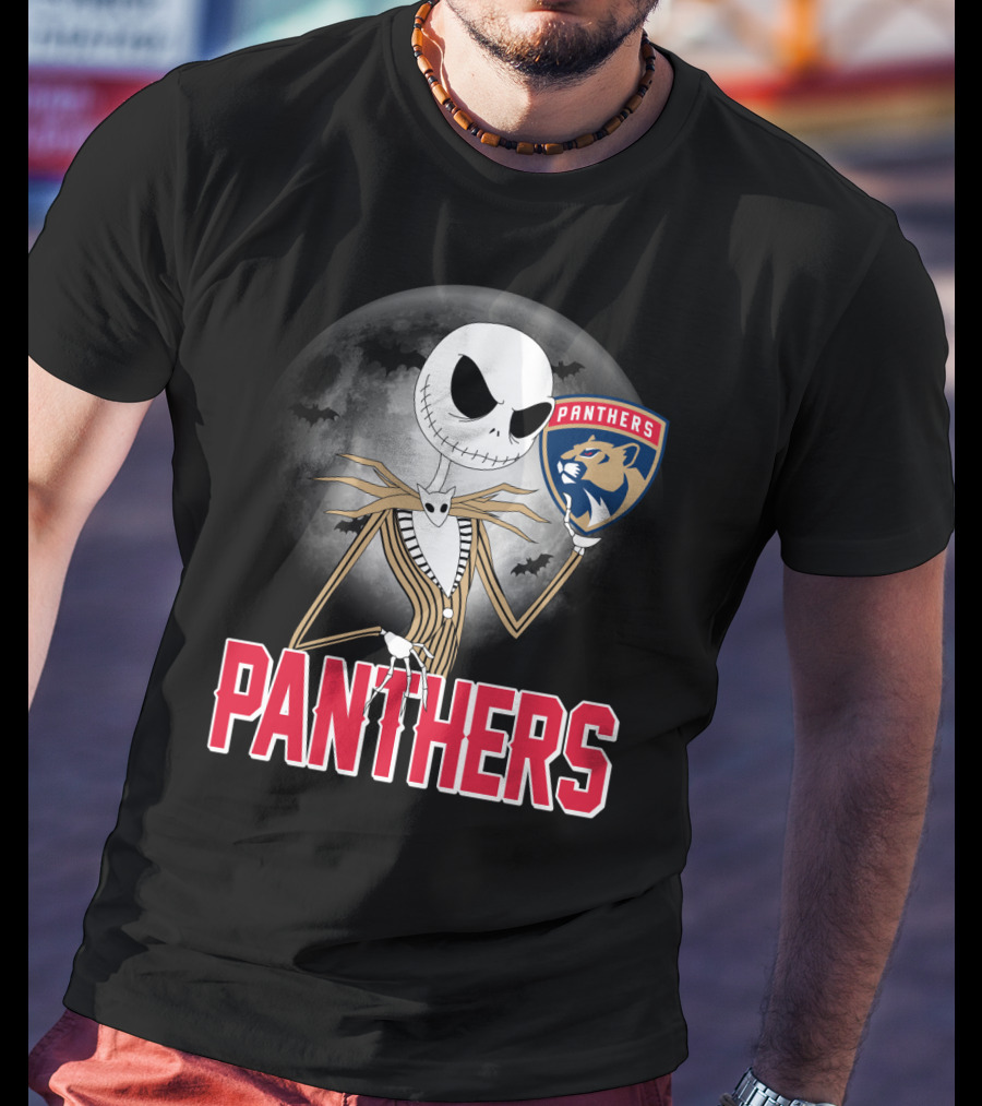 Jack Skellington Holding Florida Panthers Logo Halloween Moon Background T-Shirt