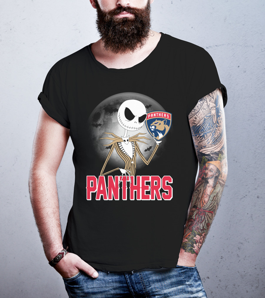 Jack Skellington Holding Florida Panthers Logo Halloween Moon Background T-Shirt