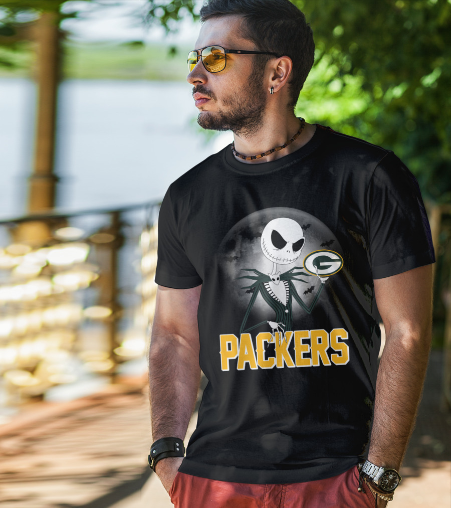 Jack Skellington Green Bay Packers Halloween Moon Bats T-Shirt