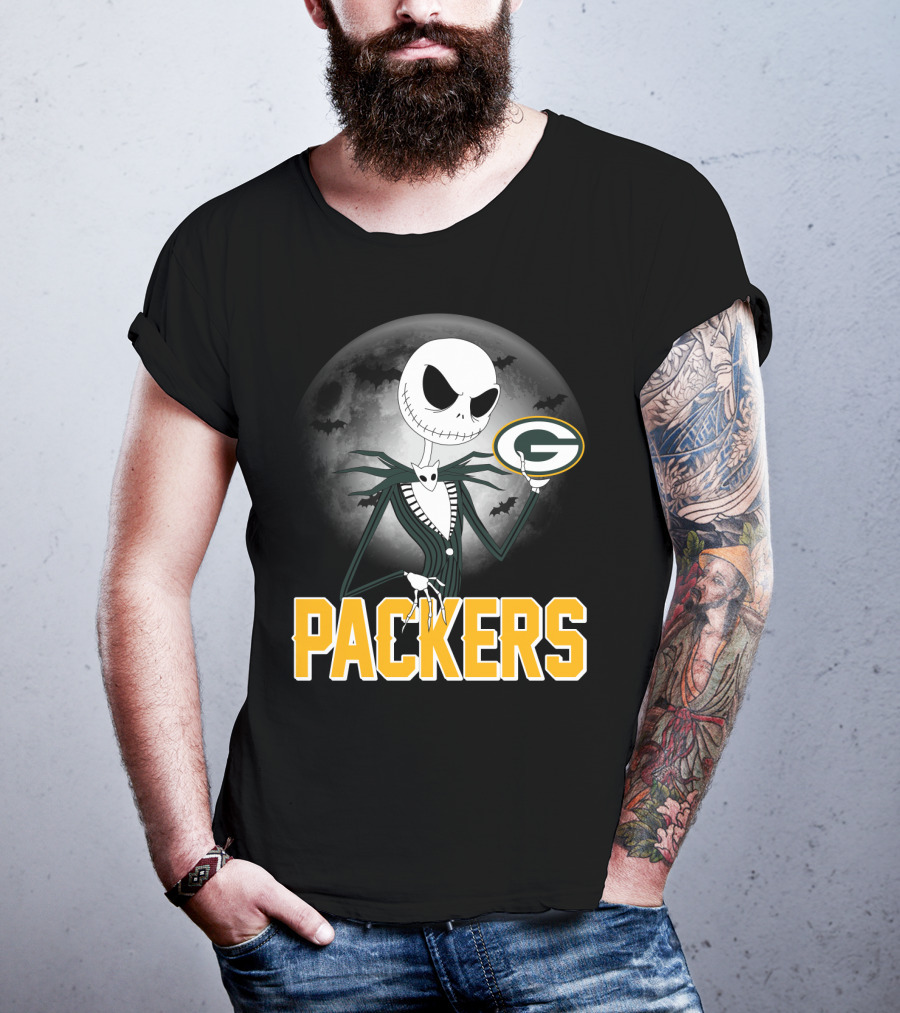 Jack Skellington Green Bay Packers Halloween Moon Bats T-Shirt