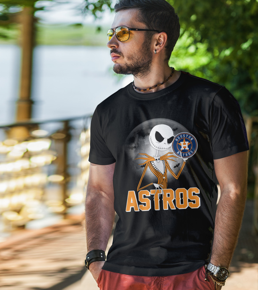 Jack Skellington Holding Houston Astros Logo With Halloween Bats T-Shirt