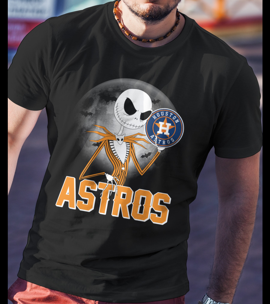 Jack Skellington Holding Houston Astros Logo With Halloween Bats T-Shirt