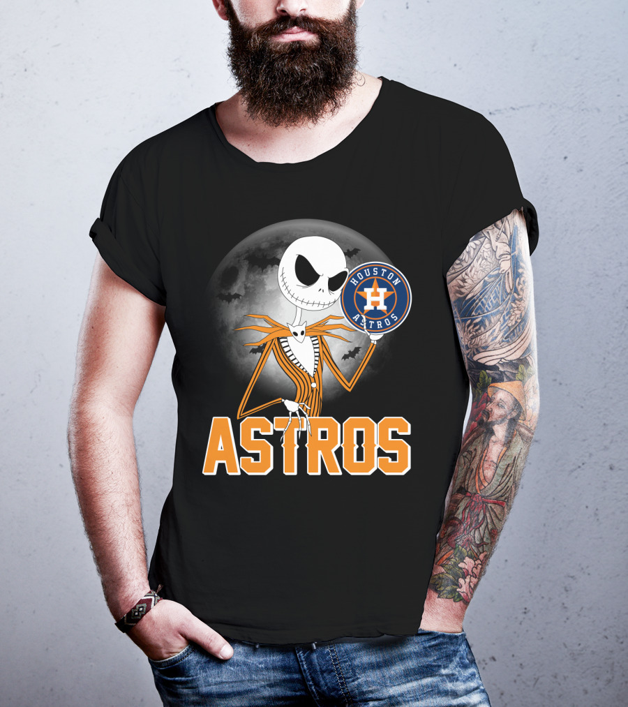 Jack Skellington Holding Houston Astros Logo With Halloween Bats T-Shirt