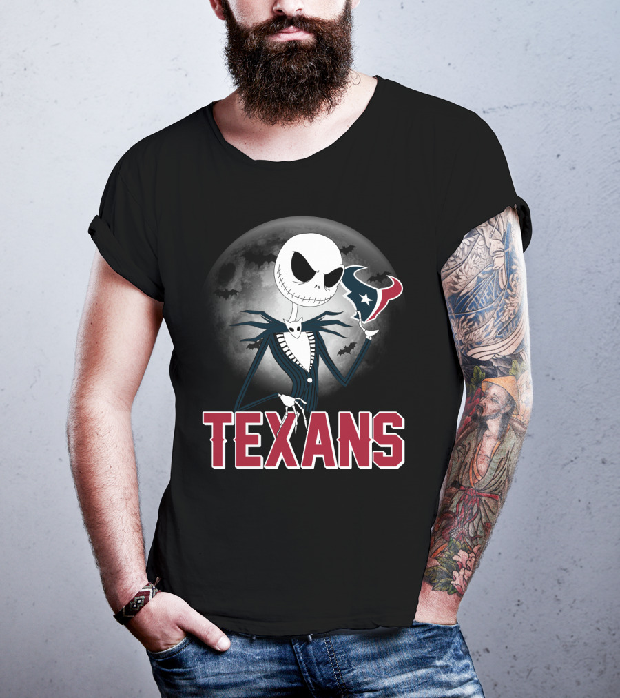 Jack Skellington Holding Houston Texans Logo With Moon And Bats T-Shirt