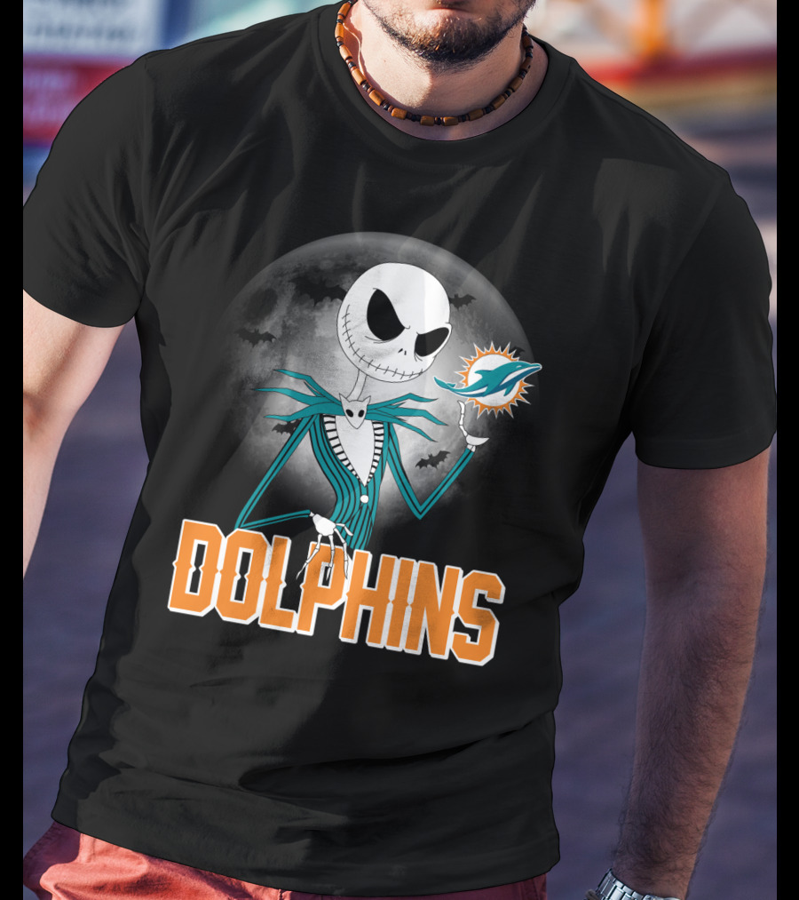Jack Skellington Dolphins Halloween Miami Logo Moon T-Shirt