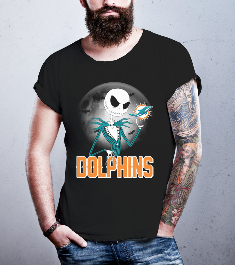 Jack Skellington Dolphins Halloween Miami Logo Moon T-Shirt