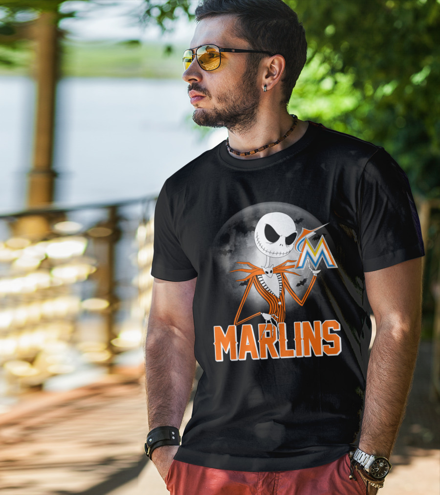 Jack Skellington Miami Marlins Halloween Moon Bat T-Shirt