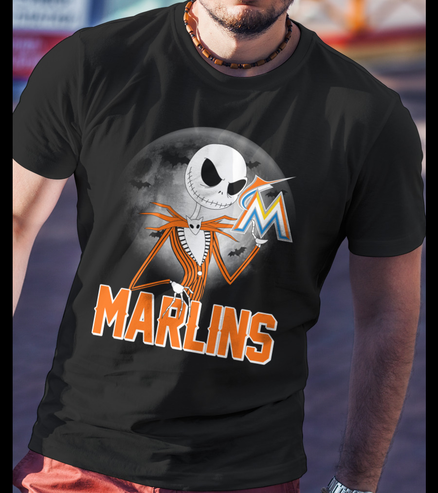 Jack Skellington Miami Marlins Halloween Moon Bat T-Shirt