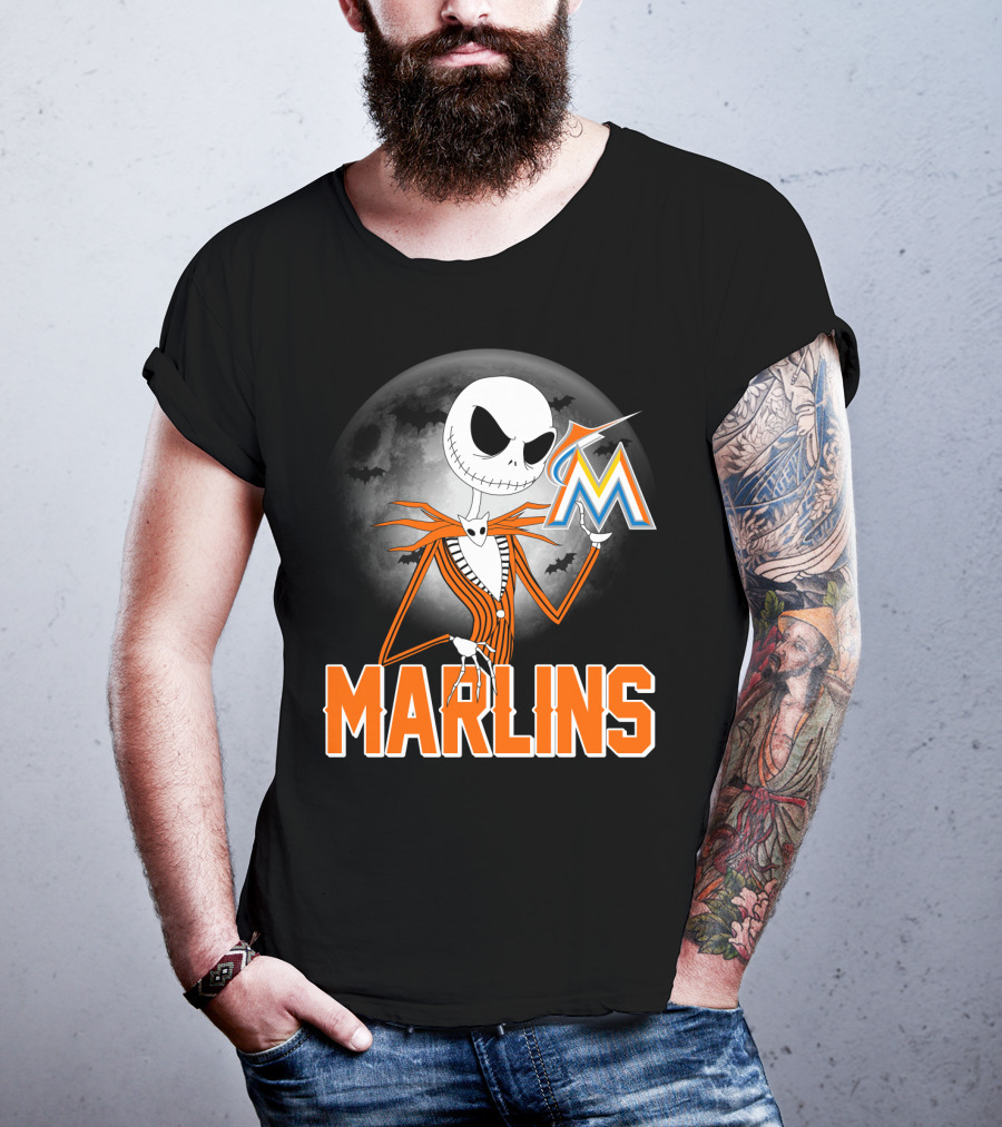 Jack Skellington Miami Marlins Halloween Moon Bat T-Shirt