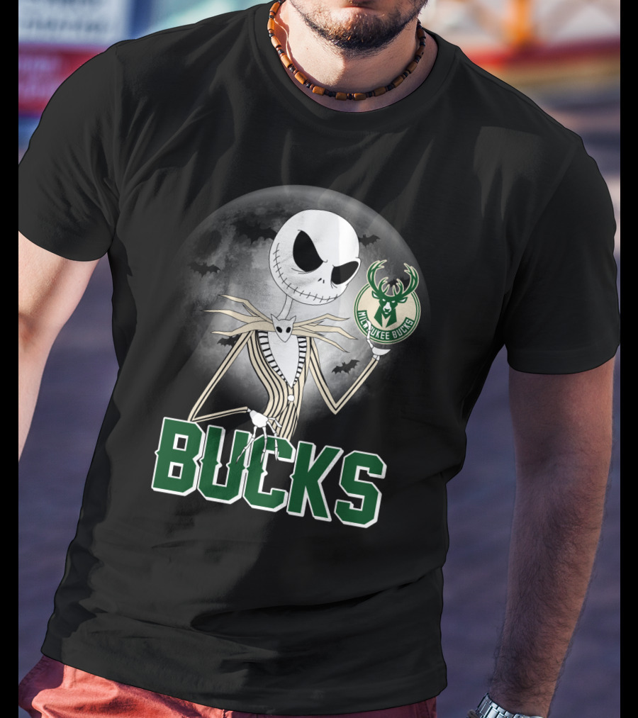 Jack Skellington Halloween Milwaukee Bucks Moon Bats T-Shirt