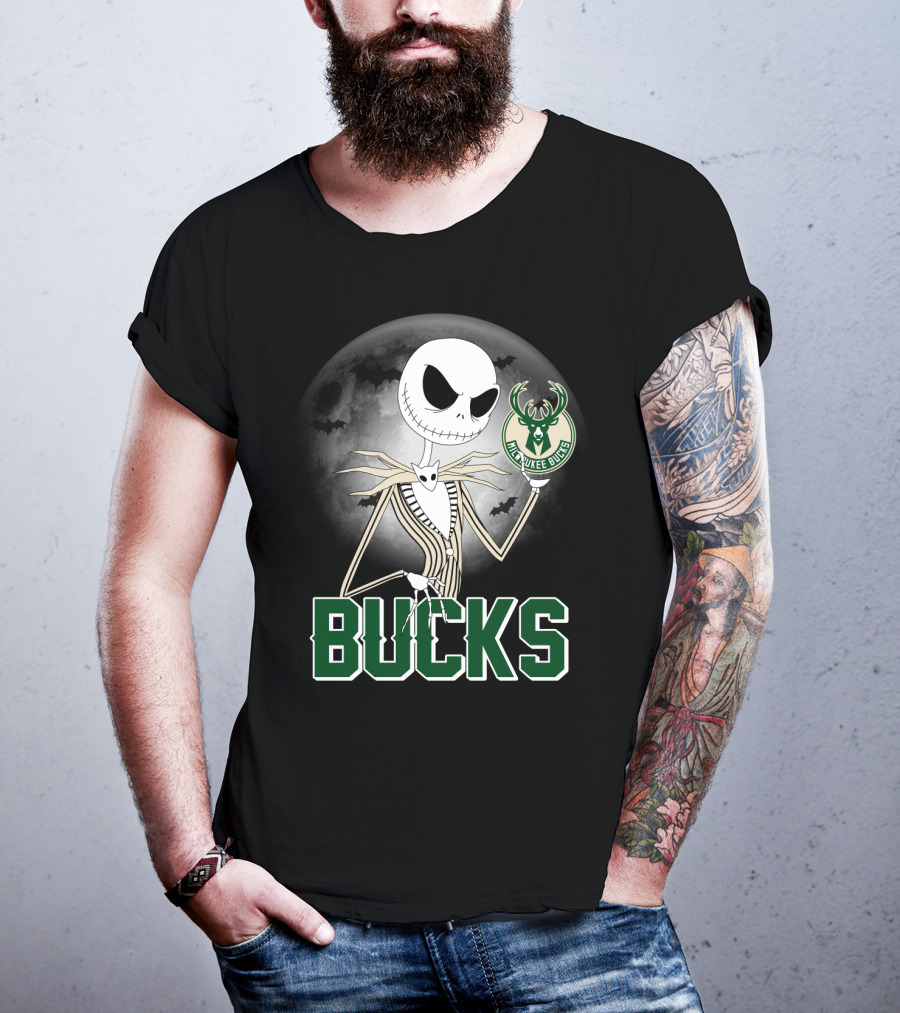 Jack Skellington Halloween Milwaukee Bucks Moon Bats T-Shirt