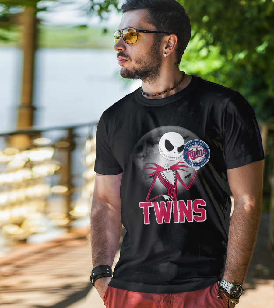 Jack Skellington Halloween Holding Minnesota Twins Baseball Club Logo With Full Moon And Bats In Background T-Shirt