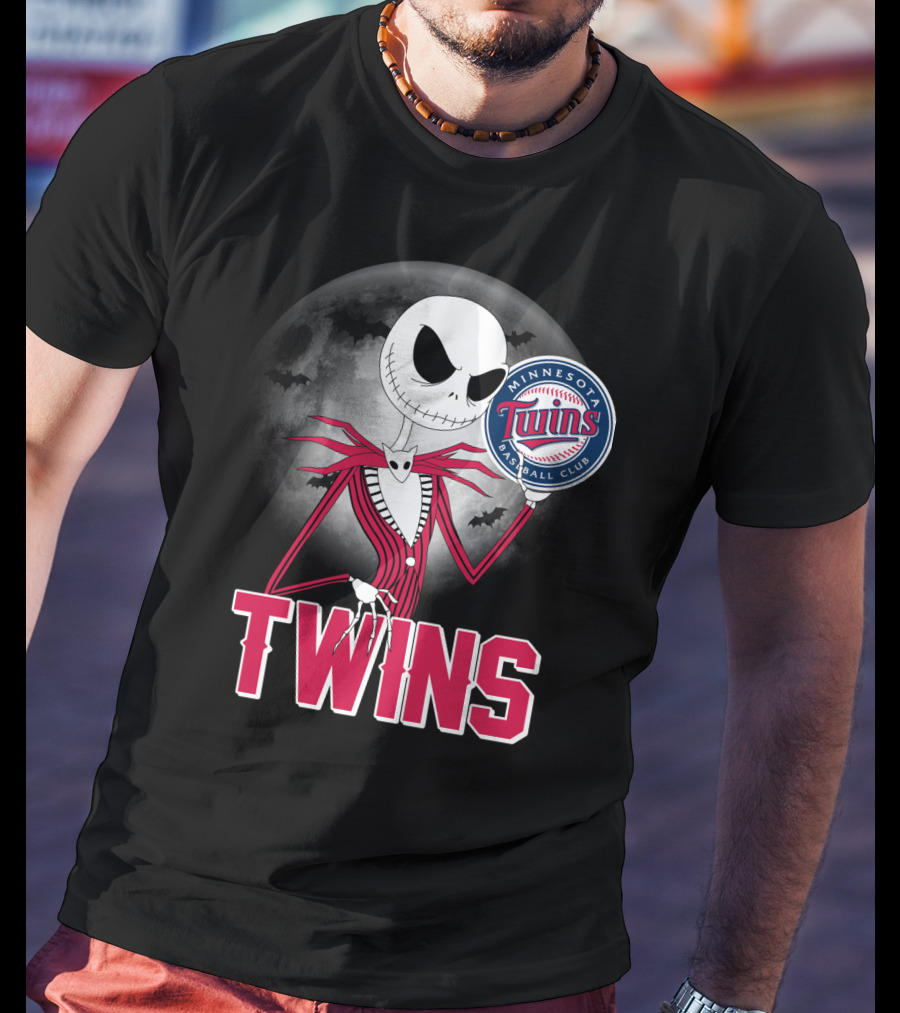 Jack Skellington Halloween Holding Minnesota Twins Baseball Club Logo With Full Moon And Bats In Background T-Shirt