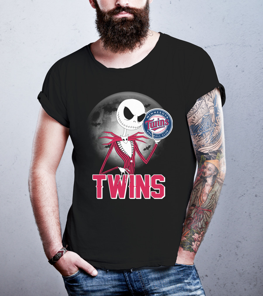 Jack Skellington Halloween Holding Minnesota Twins Baseball Club Logo With Full Moon And Bats In Background T-Shirt