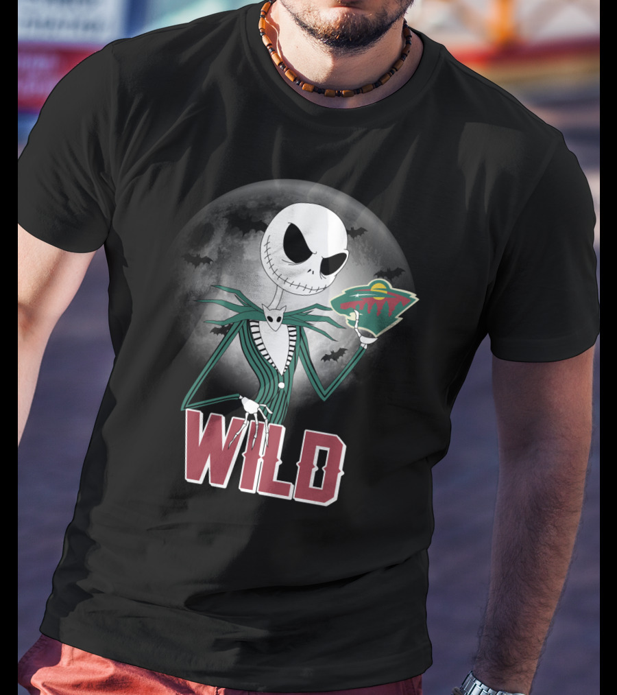 Jack Skellington Halloween Moon And Minnesota Wild Logo Spooky T-Shirt