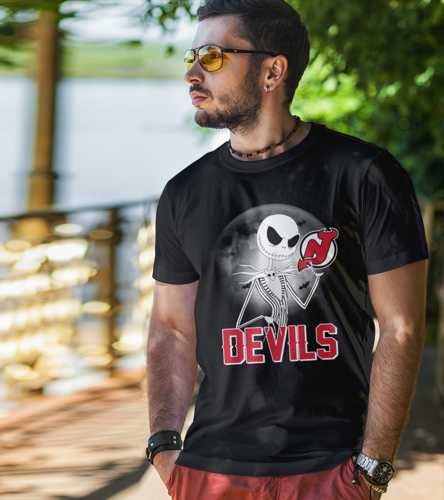 Jack Skellington Halloween Meets New Jersey Devils Moonlit Night T-Shirt