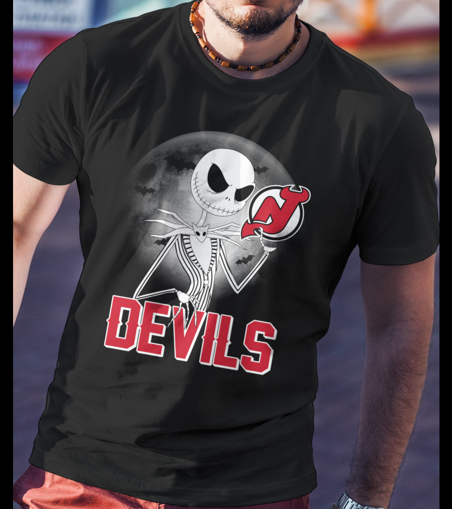 Jack Skellington Halloween Meets New Jersey Devils Moonlit Night T-Shirt