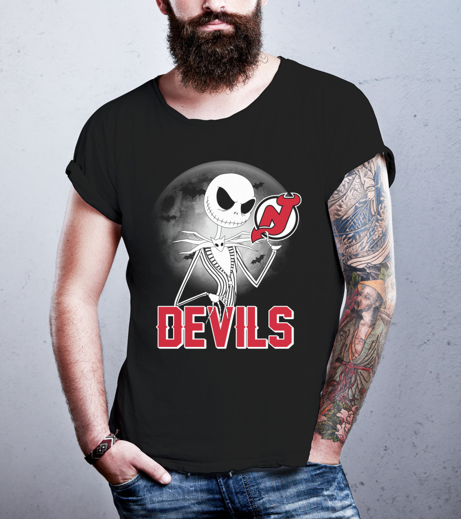 Jack Skellington Halloween Meets New Jersey Devils Moonlit Night T-Shirt