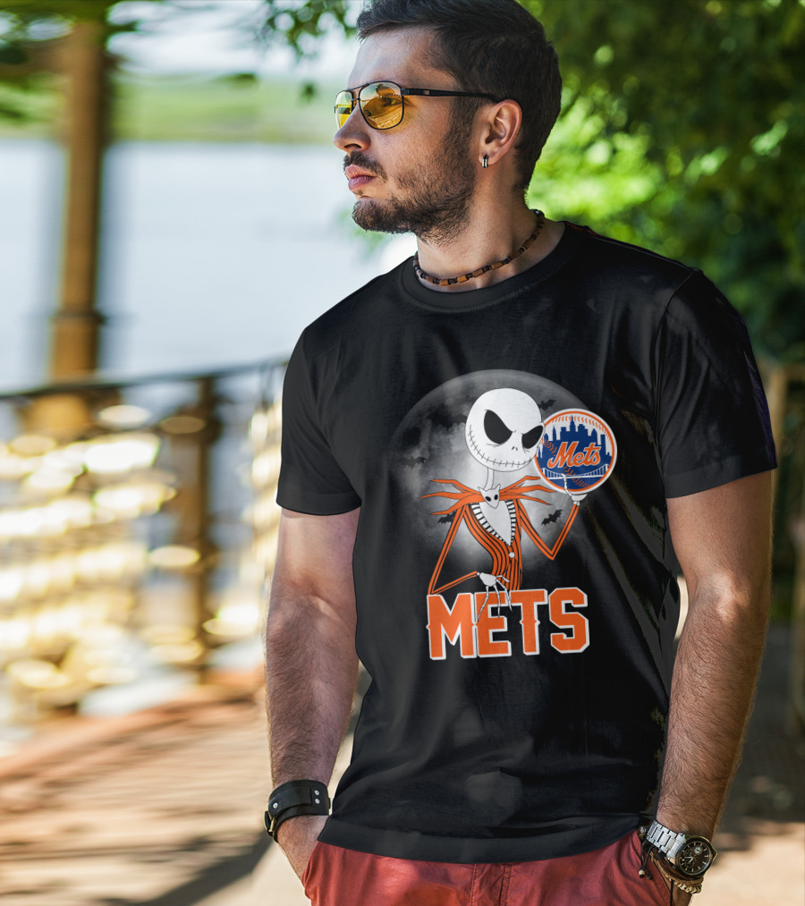 Jack Skellington Mets Baseball Halloween Moon T-Shirt