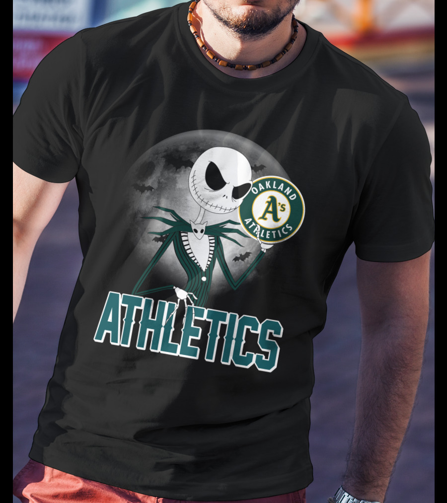 Jack Skellington Holding Oakland Athletics Logo With Halloween Moon And Bats T-Shirt