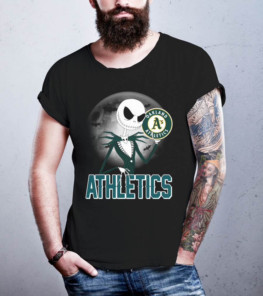 Jack Skellington Holding Oakland Athletics Logo With Halloween Moon And Bats T-Shirt