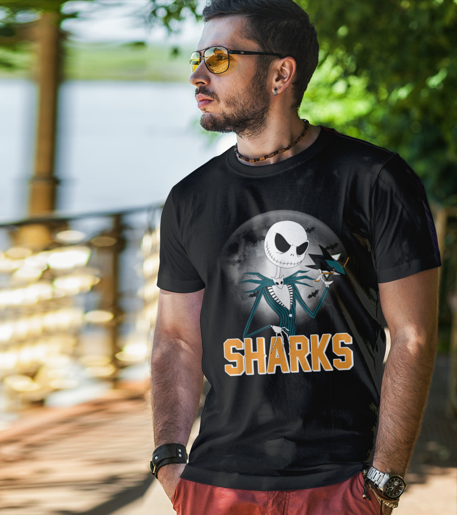 Jack Skellington San Jose Sharks Halloween Moon Background T-Shirt