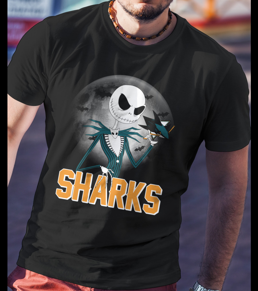 Jack Skellington San Jose Sharks Halloween Moon Background T-Shirt