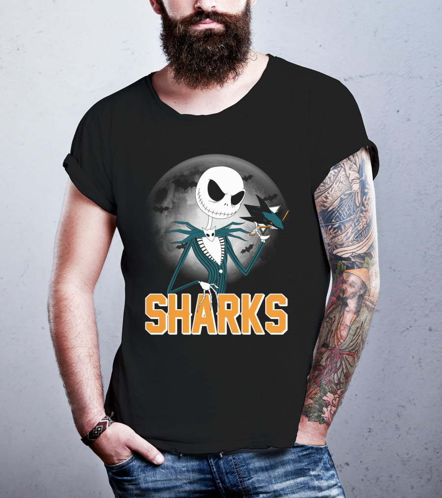 Jack Skellington San Jose Sharks Halloween Moon Background T-Shirt