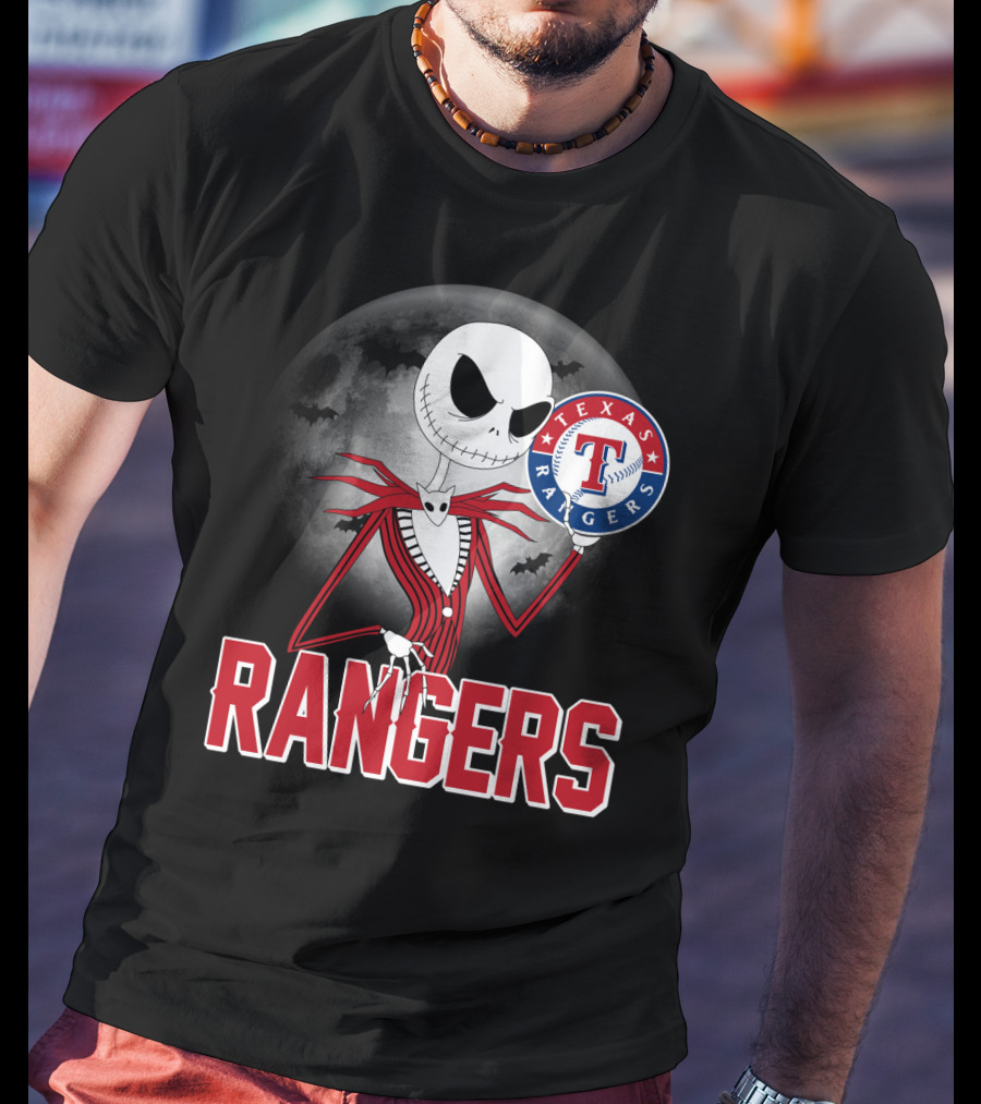 Jack Skellington Halloween Texas Rangers Baseball Moon T-Shirt