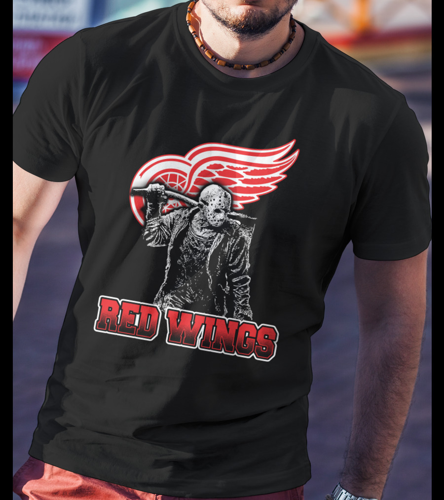 Jason Voorhees With Hockey Mask And Machete In Front Of Detroit Red Wings Logo Text Red Wings T-Shirt