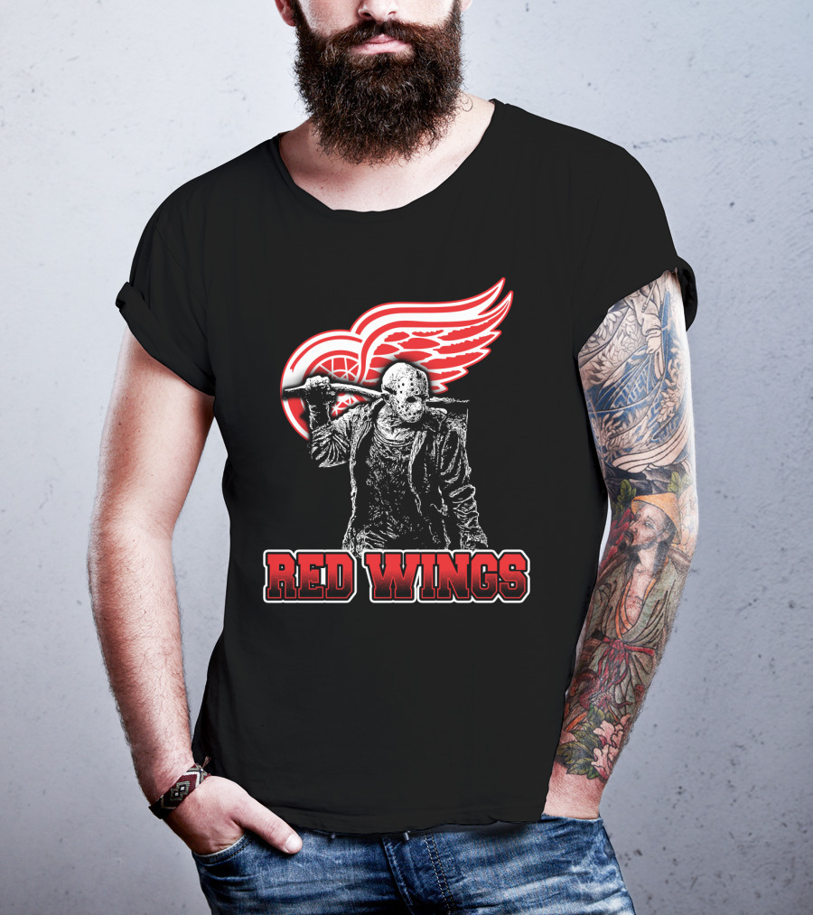 Jason Voorhees With Hockey Mask And Machete In Front Of Detroit Red Wings Logo Text Red Wings T-Shirt