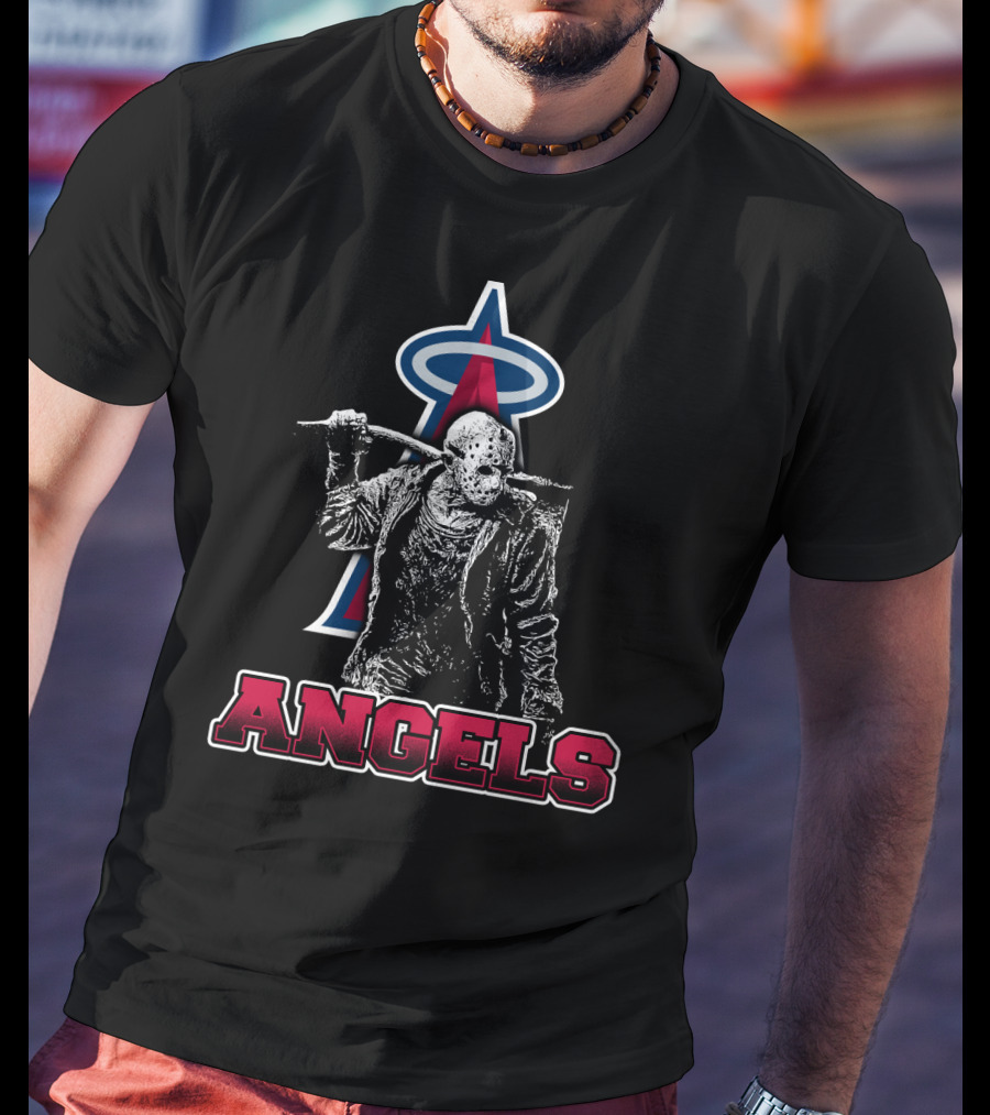 Jason Voorhees With Baseball Bat And Los Angeles Angels Logo Featuring Bold Angels Text T-Shirt