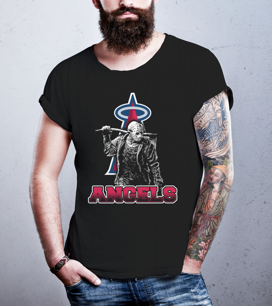 Jason Voorhees With Baseball Bat And Los Angeles Angels Logo Featuring Bold Angels Text T-Shirt