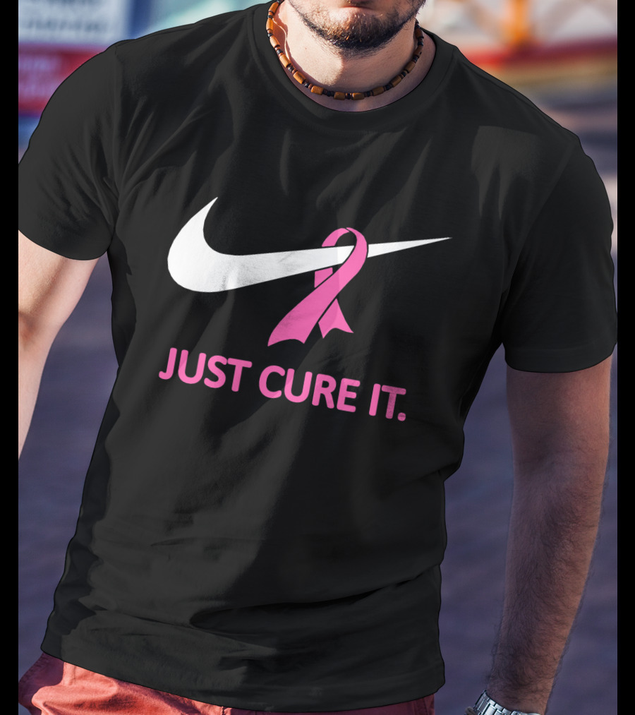 Just Cure It Pink Ribbon Breast Cancer Awareness Swoosh T-Shirt