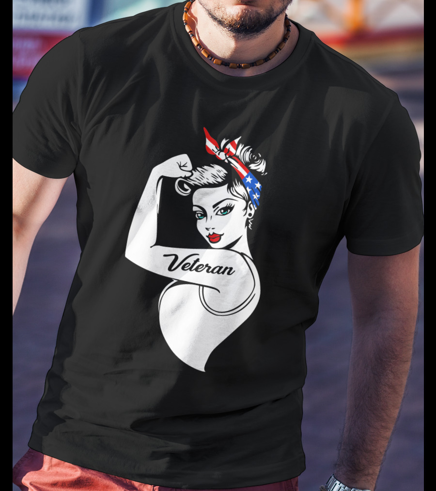 Veteran Strong Woman With Patriotic Headband Rosie The Riveter Style T-Shirt