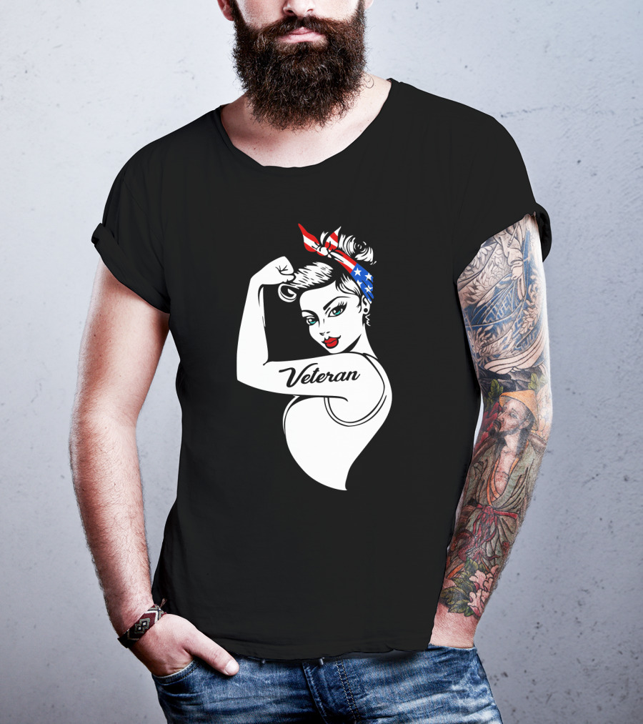 Veteran Strong Woman With Patriotic Headband Rosie The Riveter Style T-Shirt