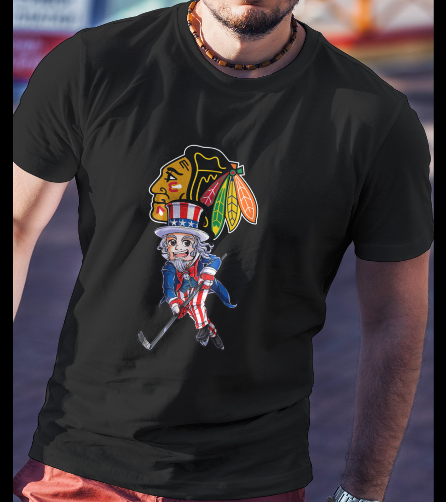 Uncle Sam Playing Hockey With Chicago Blackhawks For 4Th Of July Celebration T-Shirt