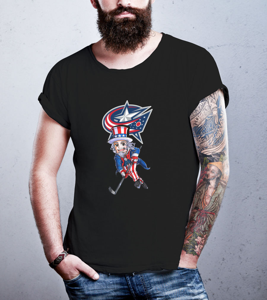 Uncle Sam Playing Hockey With Columbus Blue Jackets For 4Th Of July T-Shirt
