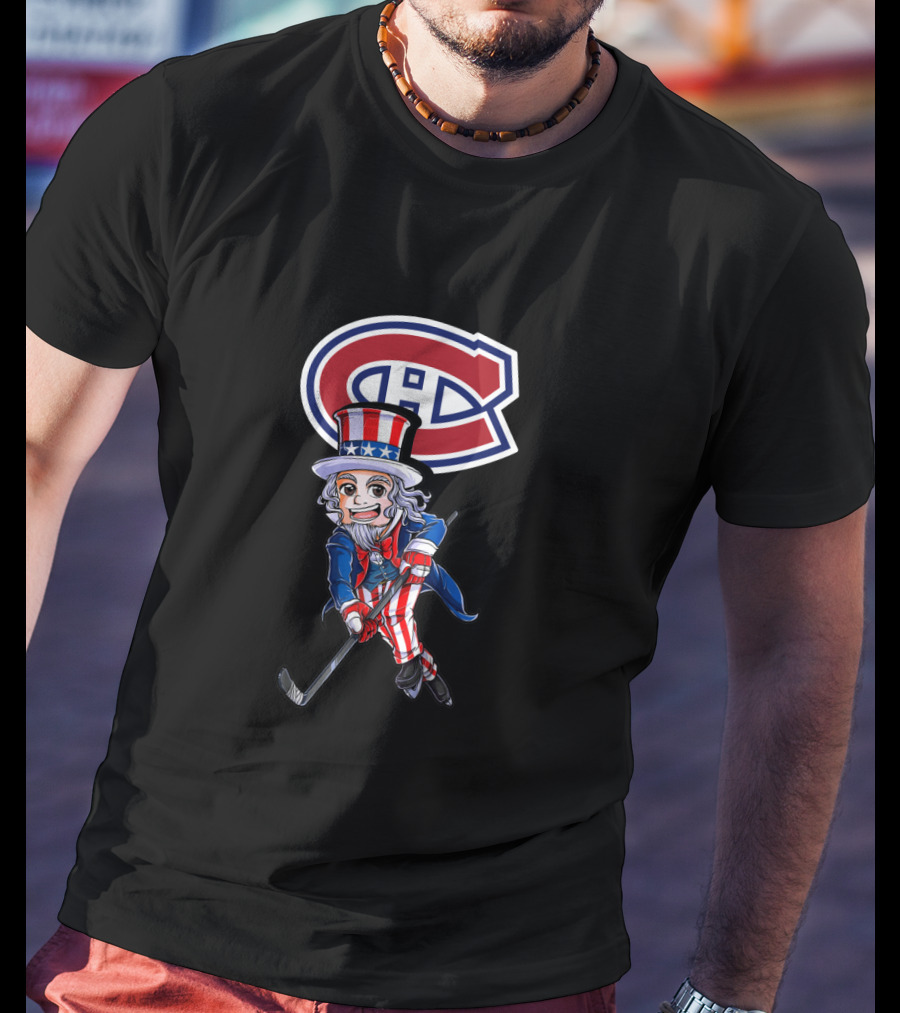 Uncle Sam Playing Hockey With Montreal Canadiens Logo For 4Th Of July Celebration T-Shirt