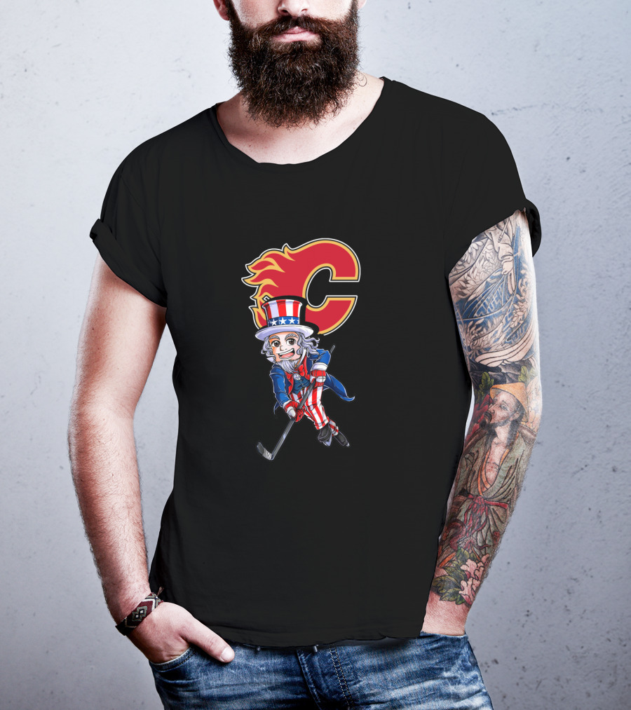 Uncle Sam Playing Hockey With Calgary Flames Emblem For 4Th Of July Celebration T-Shirt