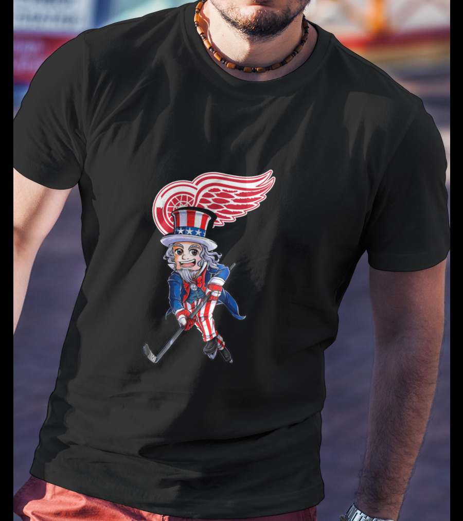 Uncle Sam Hockey With Detroit Red Wings Logo For 4Th Of July Celebration T-Shirt