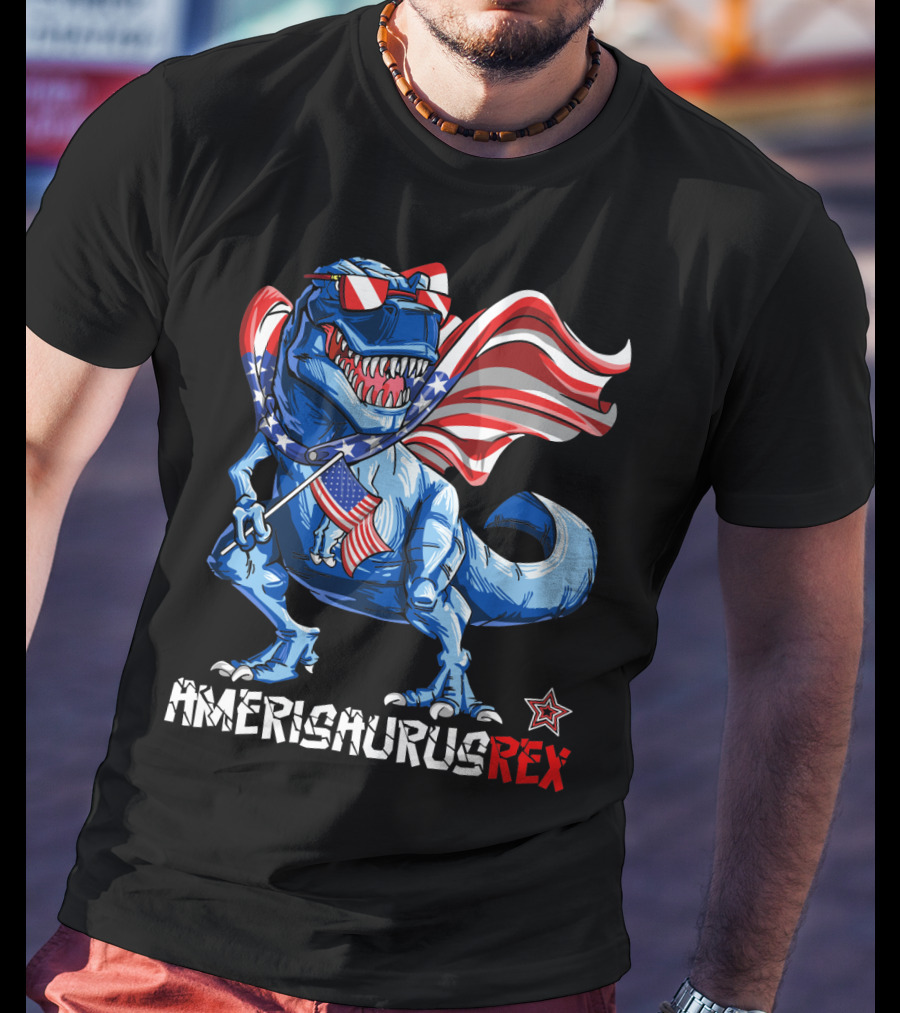 Amerisaurus Rex Dinosaur With Usa Flag And Star Sunglasses For Patriotic 4Th Of July T-Shirt