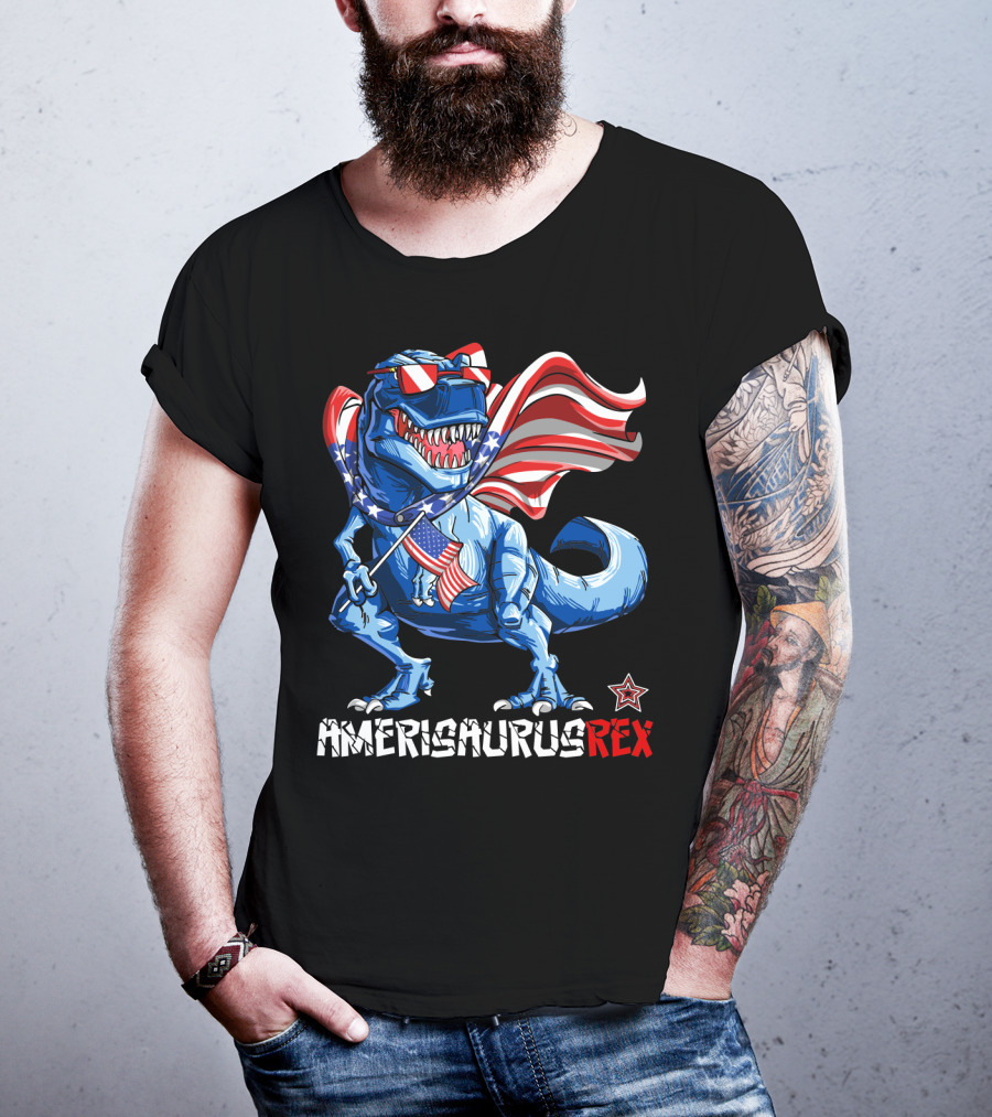 Amerisaurus Rex Dinosaur With Usa Flag And Star Sunglasses For Patriotic 4Th Of July T-Shirt