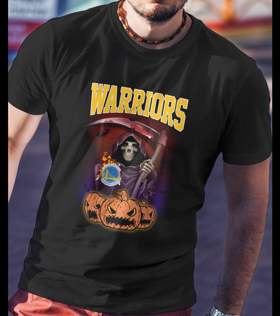 Warriors Grim Reaper Halloween With Golden State Warriors Logo And Pumpkins T-Shirt