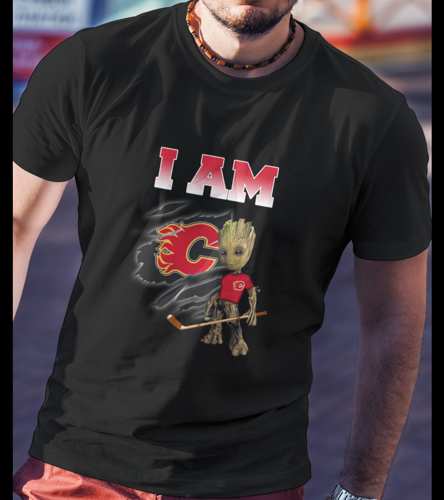 I Am Calgary Flames Groot With Hockey Stick And Flames T-Shirt