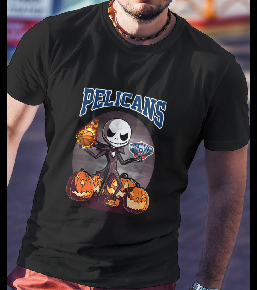 Halloween Jack Skellington With New Orleans Pelicans Logo Surrounded By Pumpkins T-Shirt