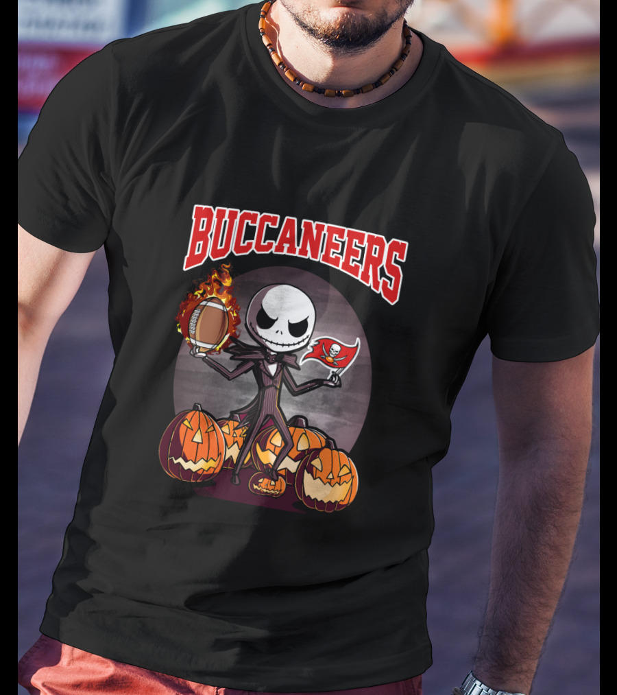 Jack Skellington Buccaneers Halloween With Flaming Football And Pirate Flag T-Shirt