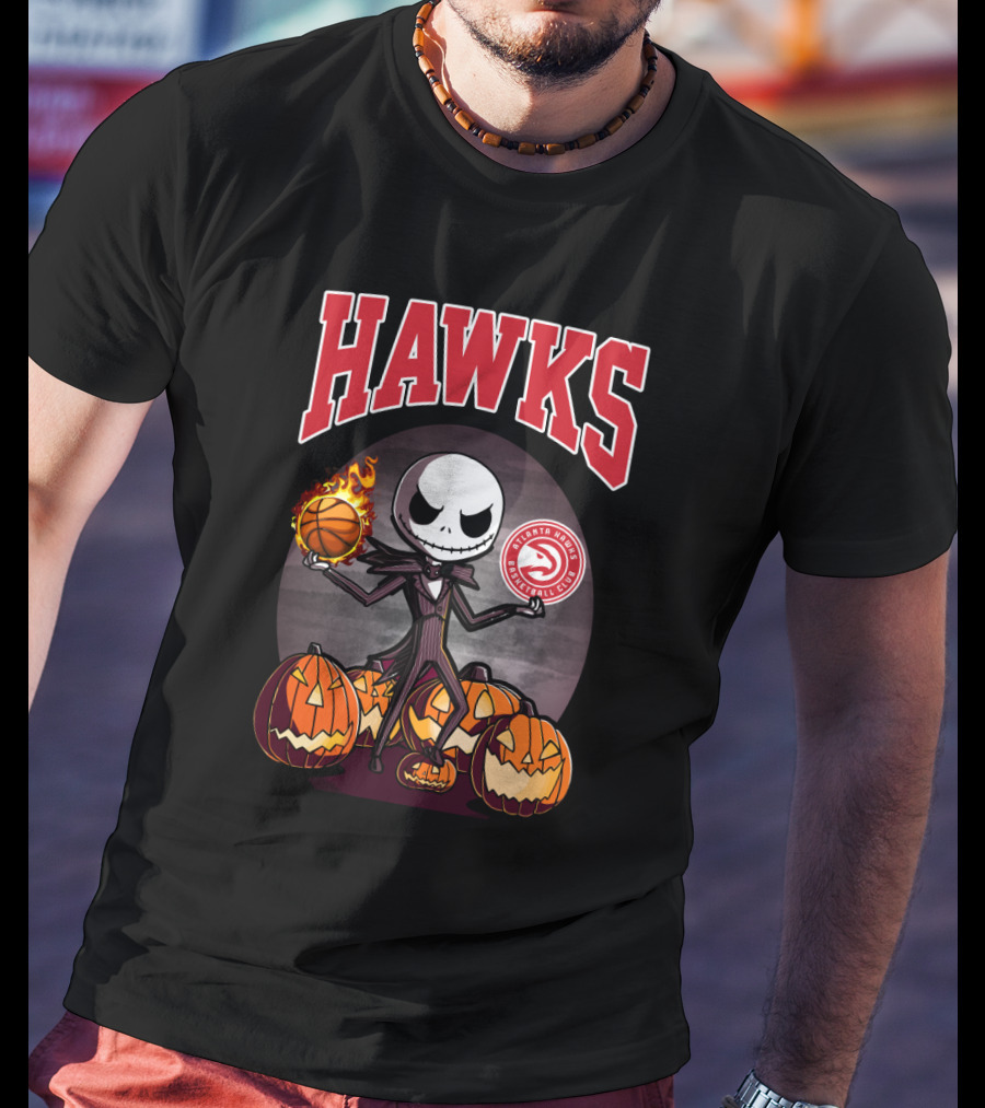 Jack Skellington Halloween Atlanta Hawks Basketball And Pumpkins T-Shirt
