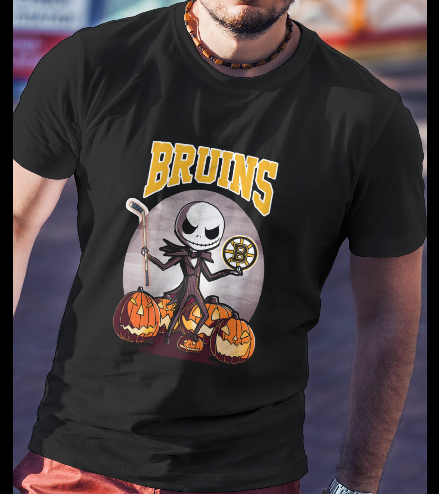 Bruins Jack Skellington Halloween With Boston Hockey Pumpkins T-Shirt