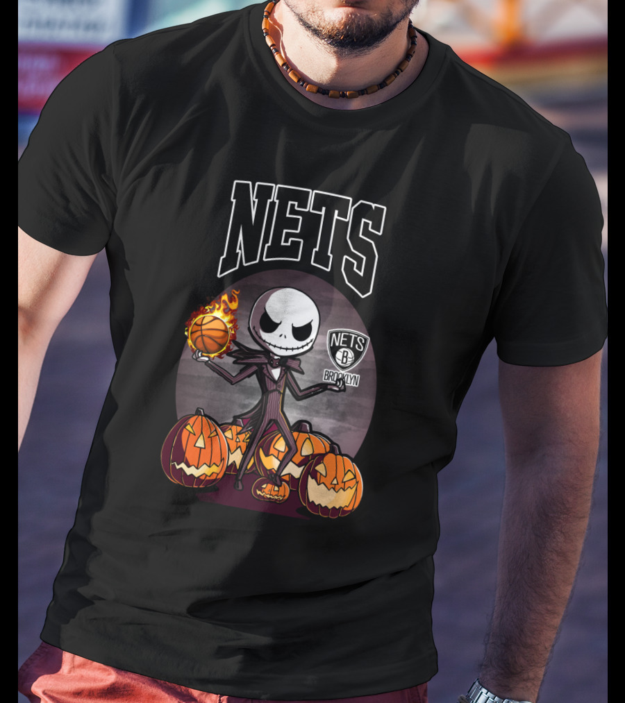Jack Skellington Brooklyn Nets Halloween Pumpkins Basketball T-Shirt